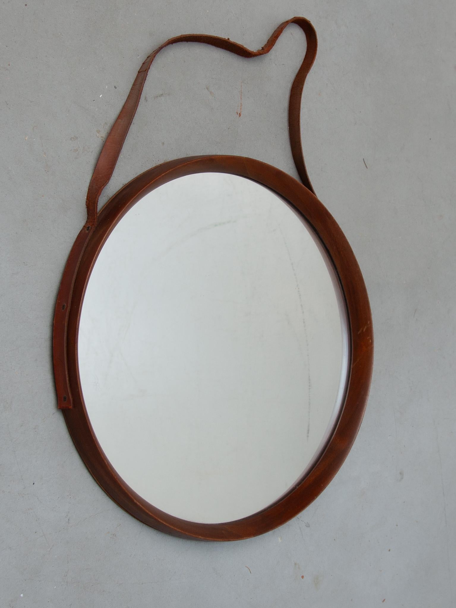 Scandinavian Modern Round Teak Wall Hanging Mirror, 1960s For Sale