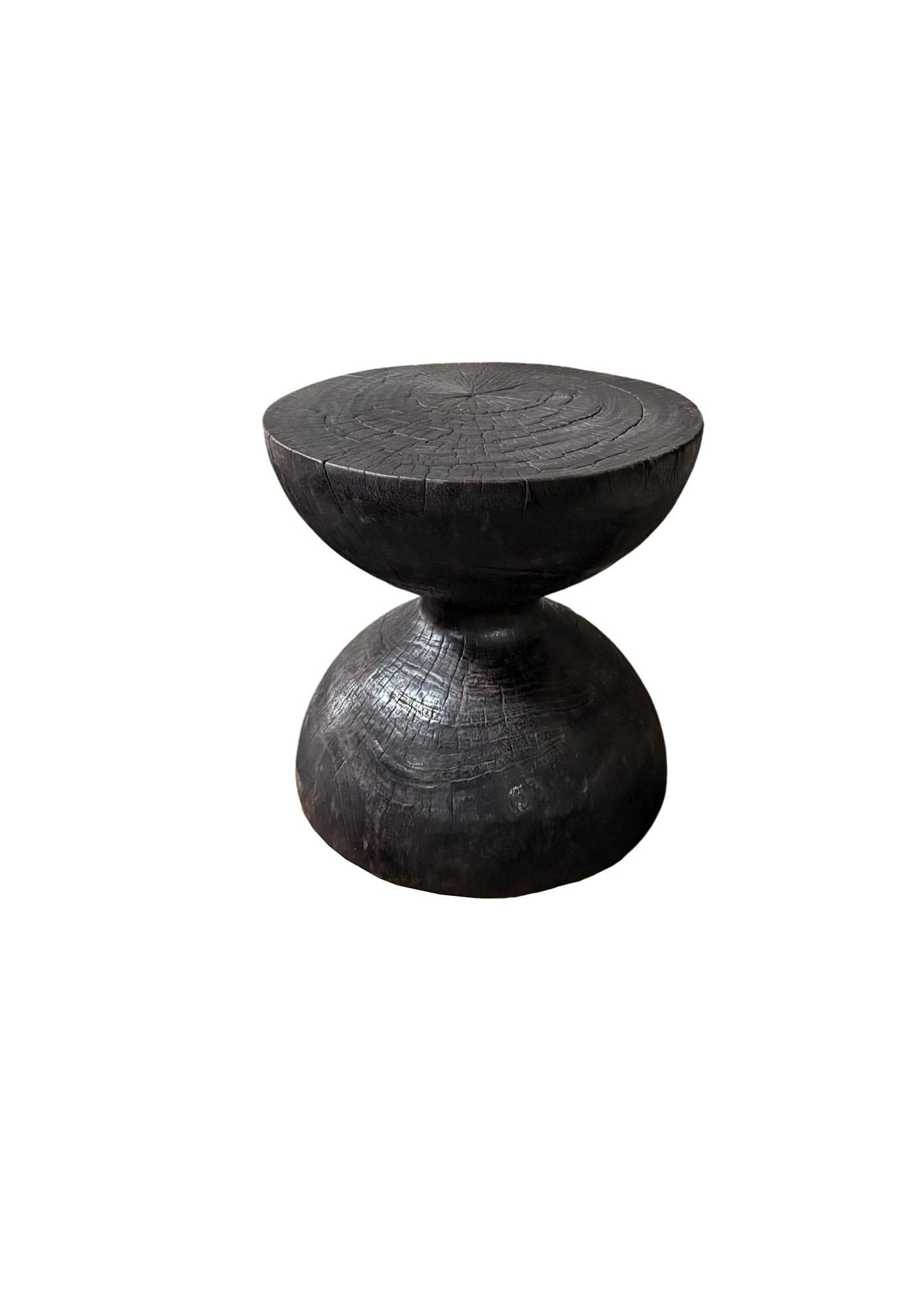 Organic Modern Round Suar Wood Side Table, Burnt Finish, Layered Design, Modern Organic For Sale