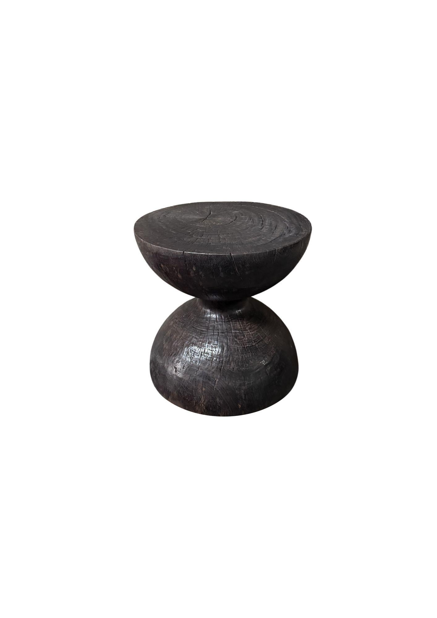 Hand-Crafted Round Suar Wood Side Table, Burnt Finish, Layered Design, Modern Organic For Sale