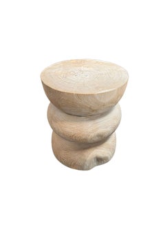 Round Teak Wood Side Table, Bleached Finish, Layered Design, Modern Organic