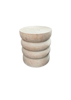 Round Teak Wood Side Table, Bleached Finish, Layered Design, Modern Organic