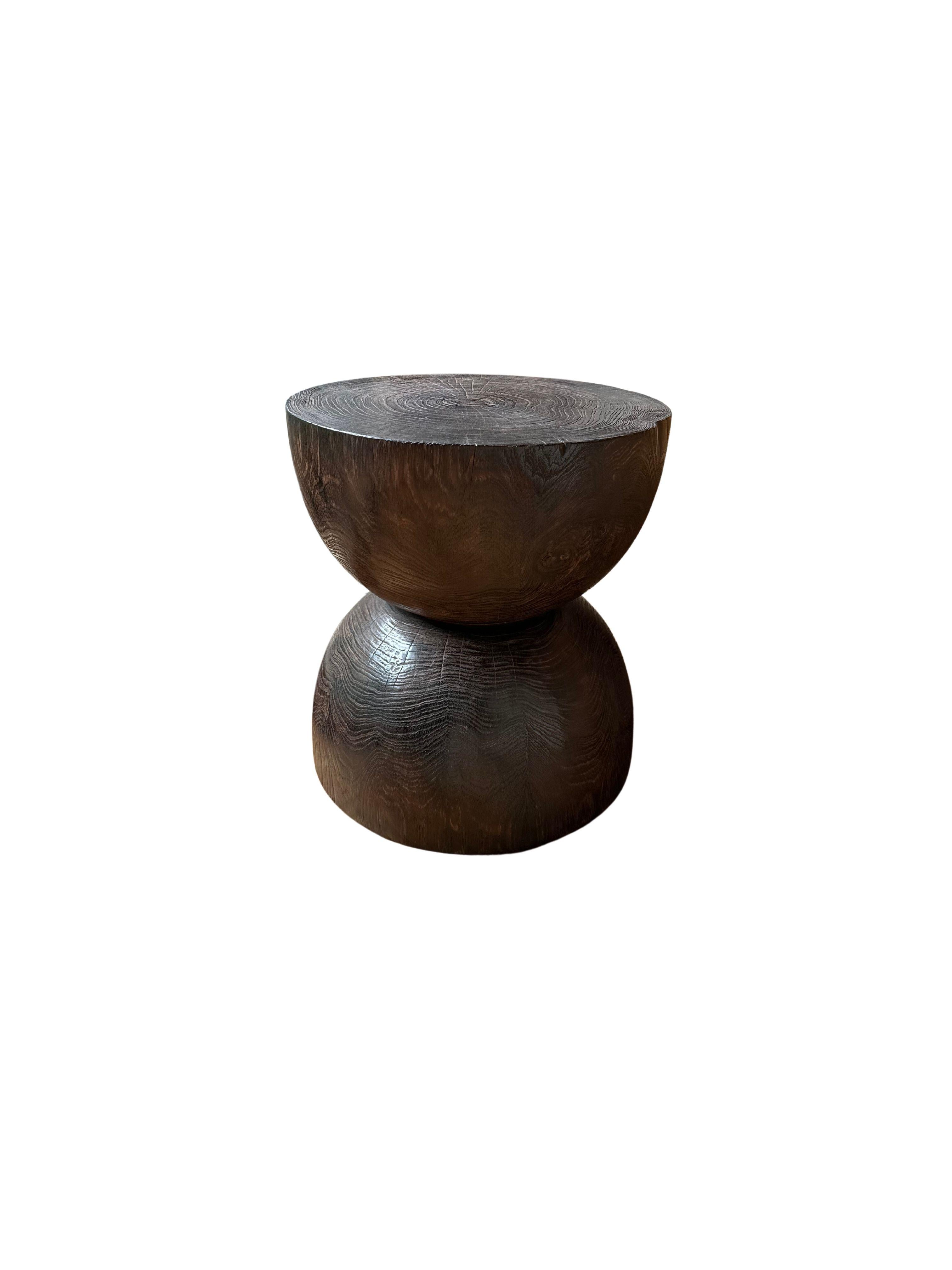 Hand-Crafted Round Teak Wood Side Table, Burnt Finish, Hour Glass Design, Modern Organic For Sale