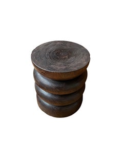 Round Teak Wood Side Table, Burnt Finish, Layered Design, Modern Organic
