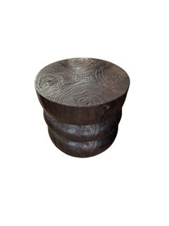 Round Teak Wood Side Table, Burnt Finish, Layered Design, Modern Organic
