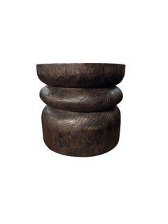Round Teak Wood Side Table, Burnt Finish, Layered Design, Modern Organic
