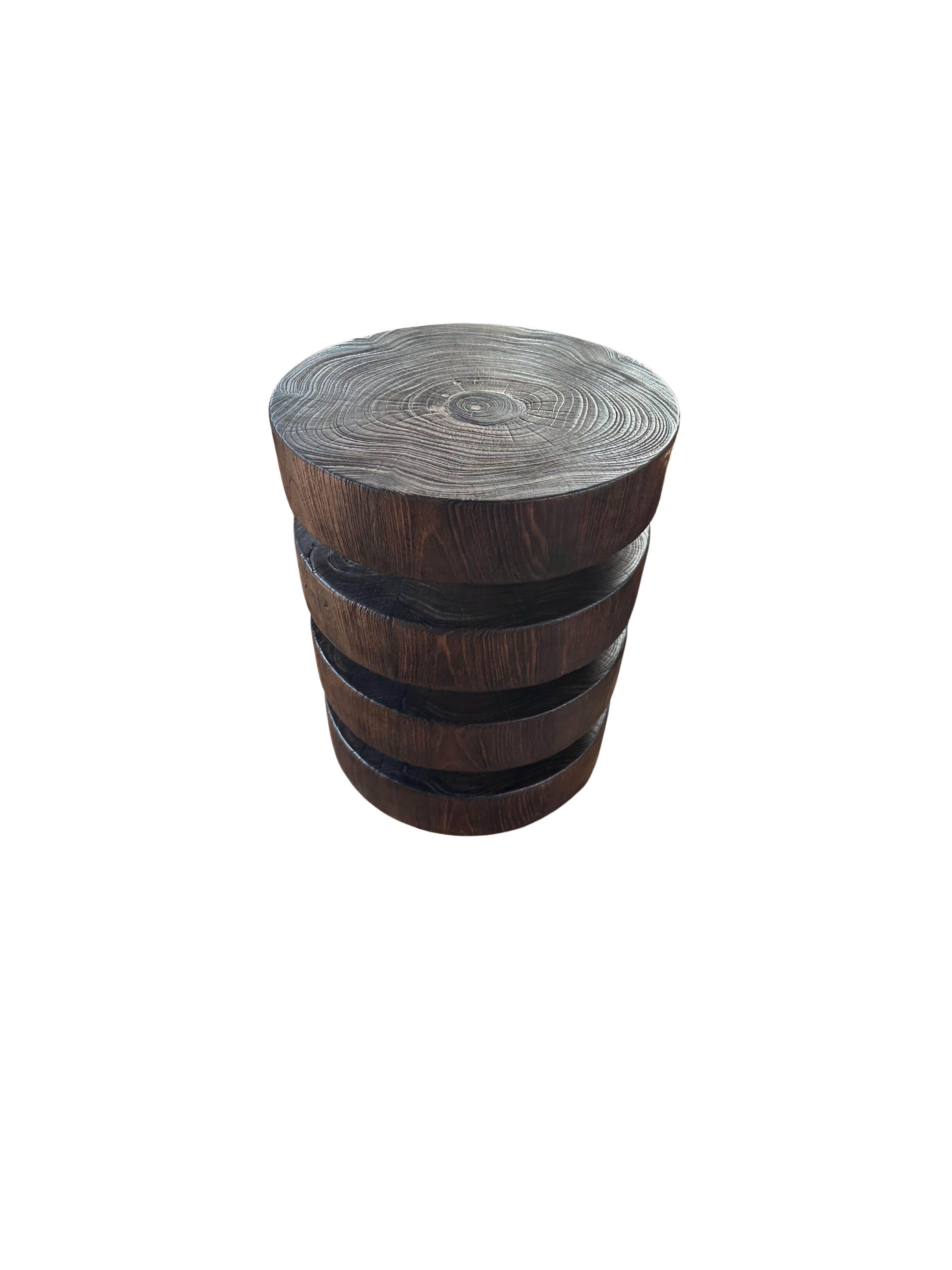 Organic Modern Round Teak Wood Side Table, Burnt Finish, Layered Design, Modern Organic For Sale