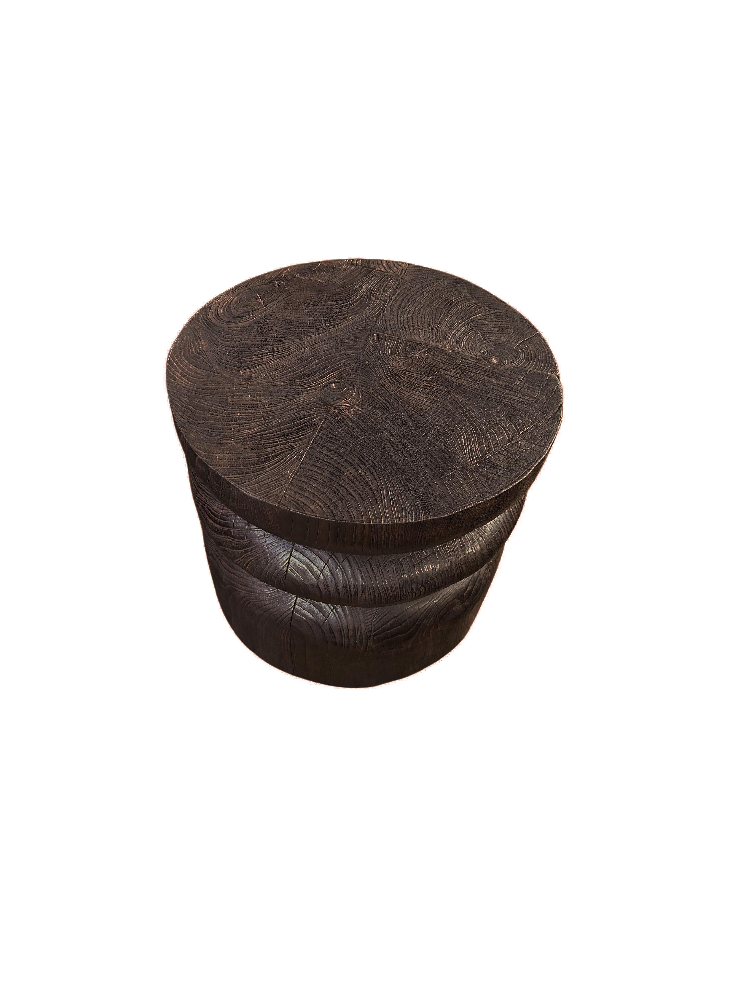 Organic Modern Round Teak Wood Side Table, Burnt Finish, Layered Design, Modern Organic For Sale