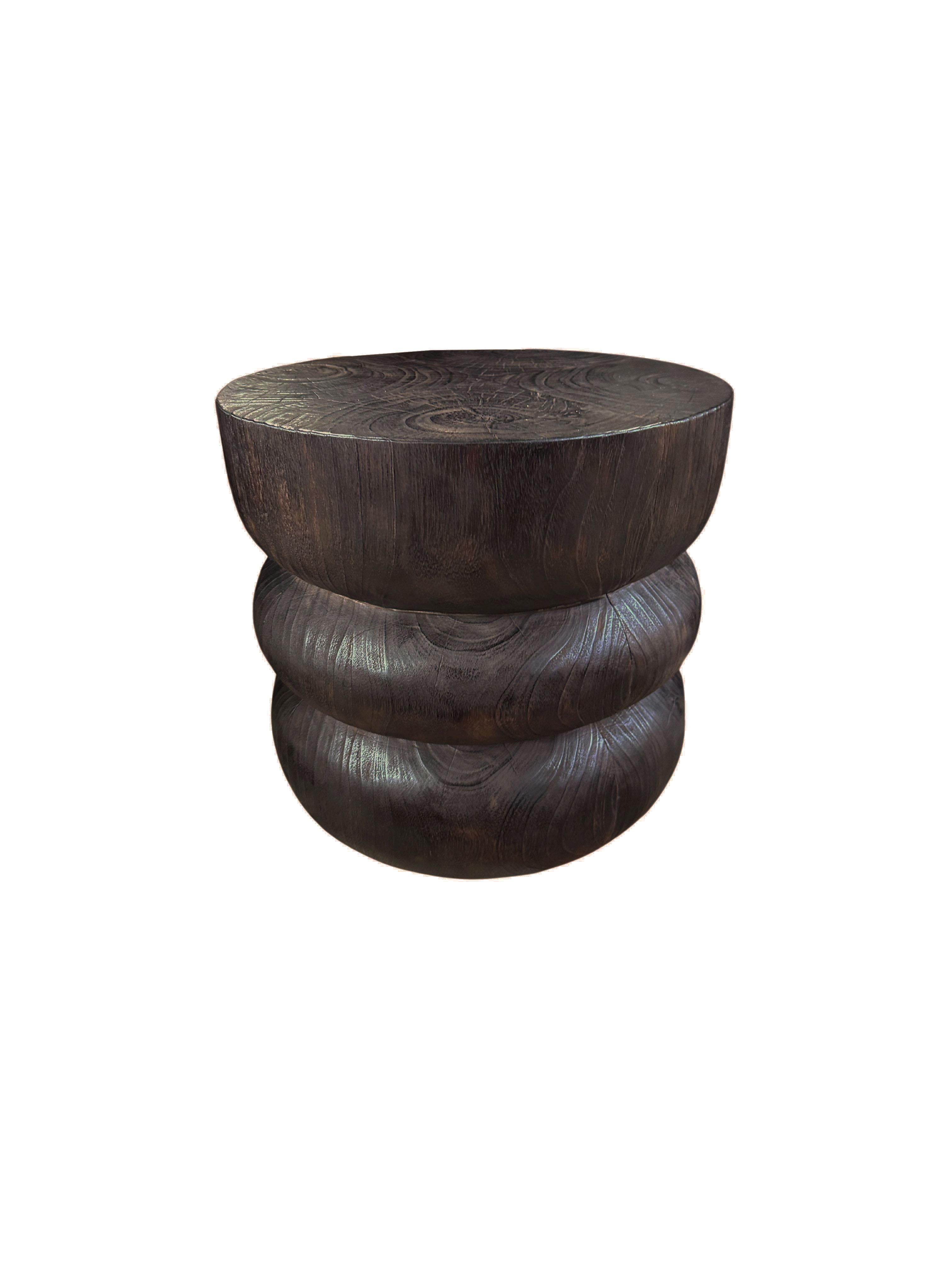 Hand-Crafted Round Teak Wood Side Table, Burnt Finish, Layered Design, Modern Organic For Sale