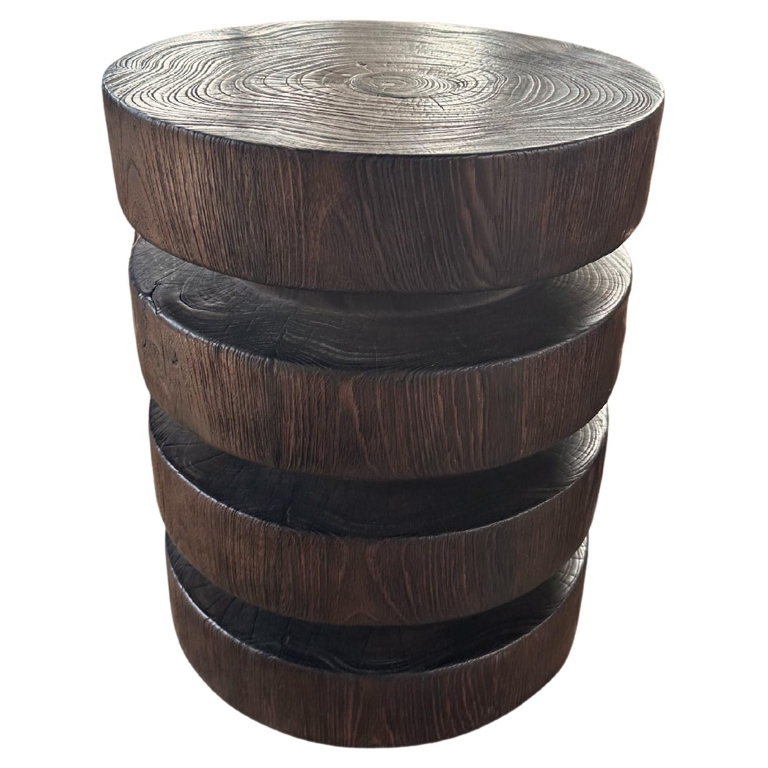 Round Teak Wood Side Table, Burnt Finish, Layered Design, Modern Organic For Sale