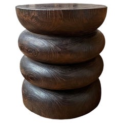 Round Teak Wood Side Table, Burnt Finish, Layered Design, Modern Organic