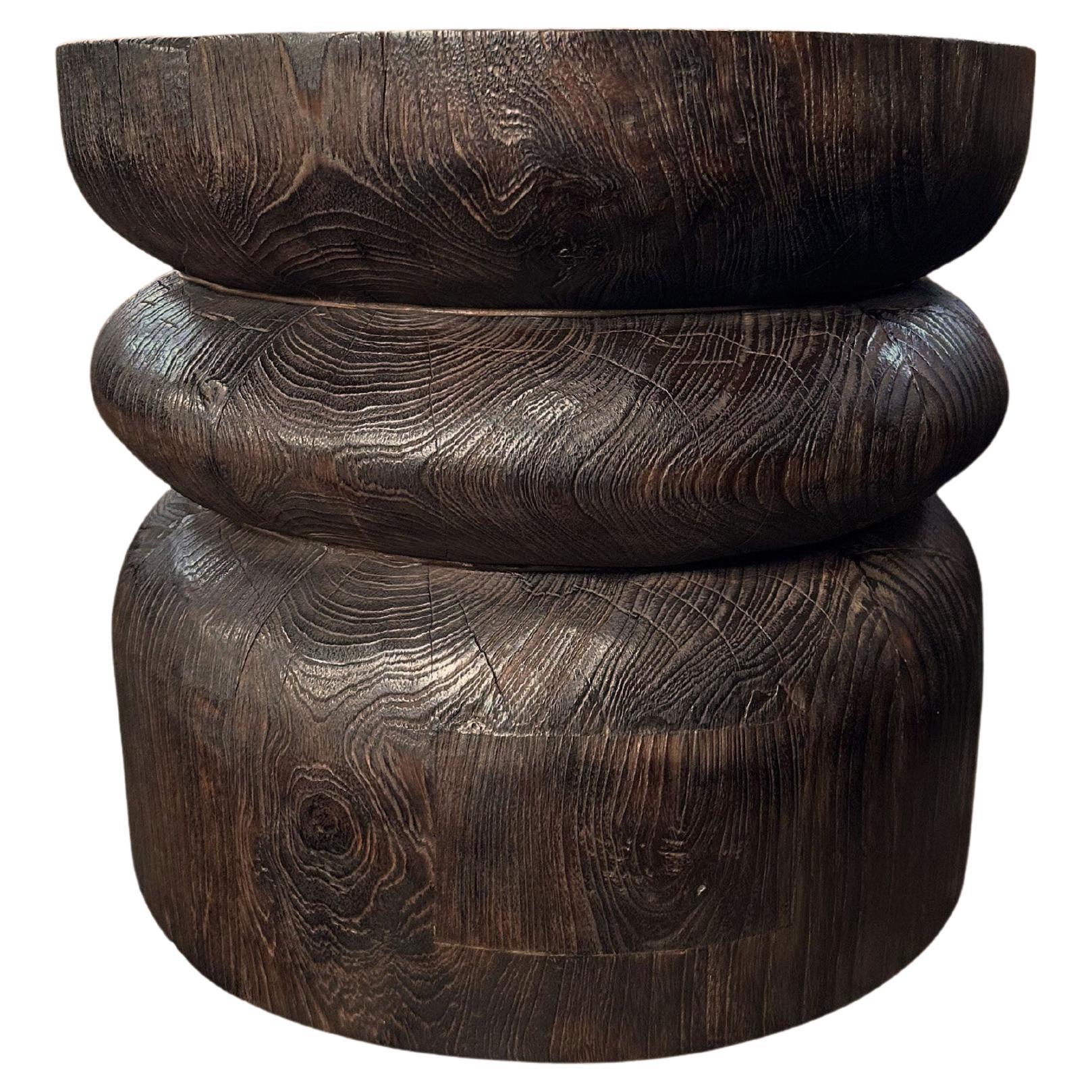 Round Teak Wood Side Table, Burnt Finish, Layered Design, Modern Organic For Sale