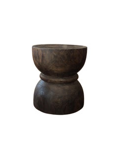 Round Teak Wood Side Table, Dark Brown Finish, Hour Glass Design, Modern Organic