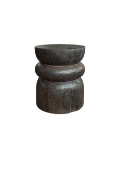 Round Teak Wood Side Table, Dark Brown Finish, Layered Design, Modern Organic