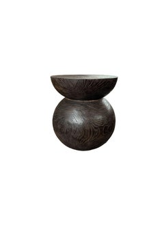 Round Teak Wood Side Table, Dark Brown Finish, Layered Design, Modern Organic