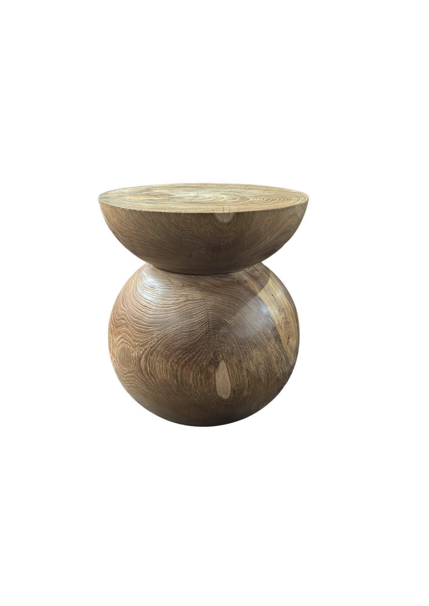 Organic Modern Round Teak Wood Side Table, Natural Finish, Layered Design, Modern Organic For Sale