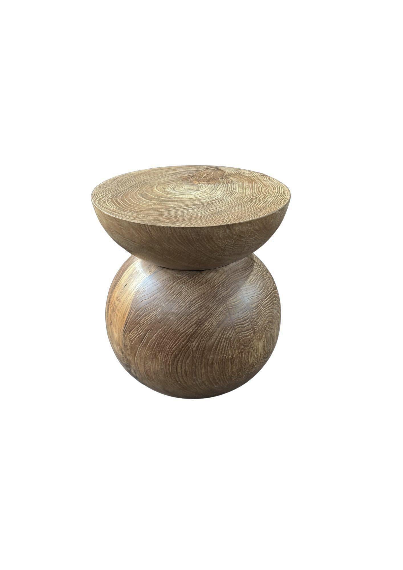 Indonesian Round Teak Wood Side Table, Natural Finish, Layered Design, Modern Organic For Sale