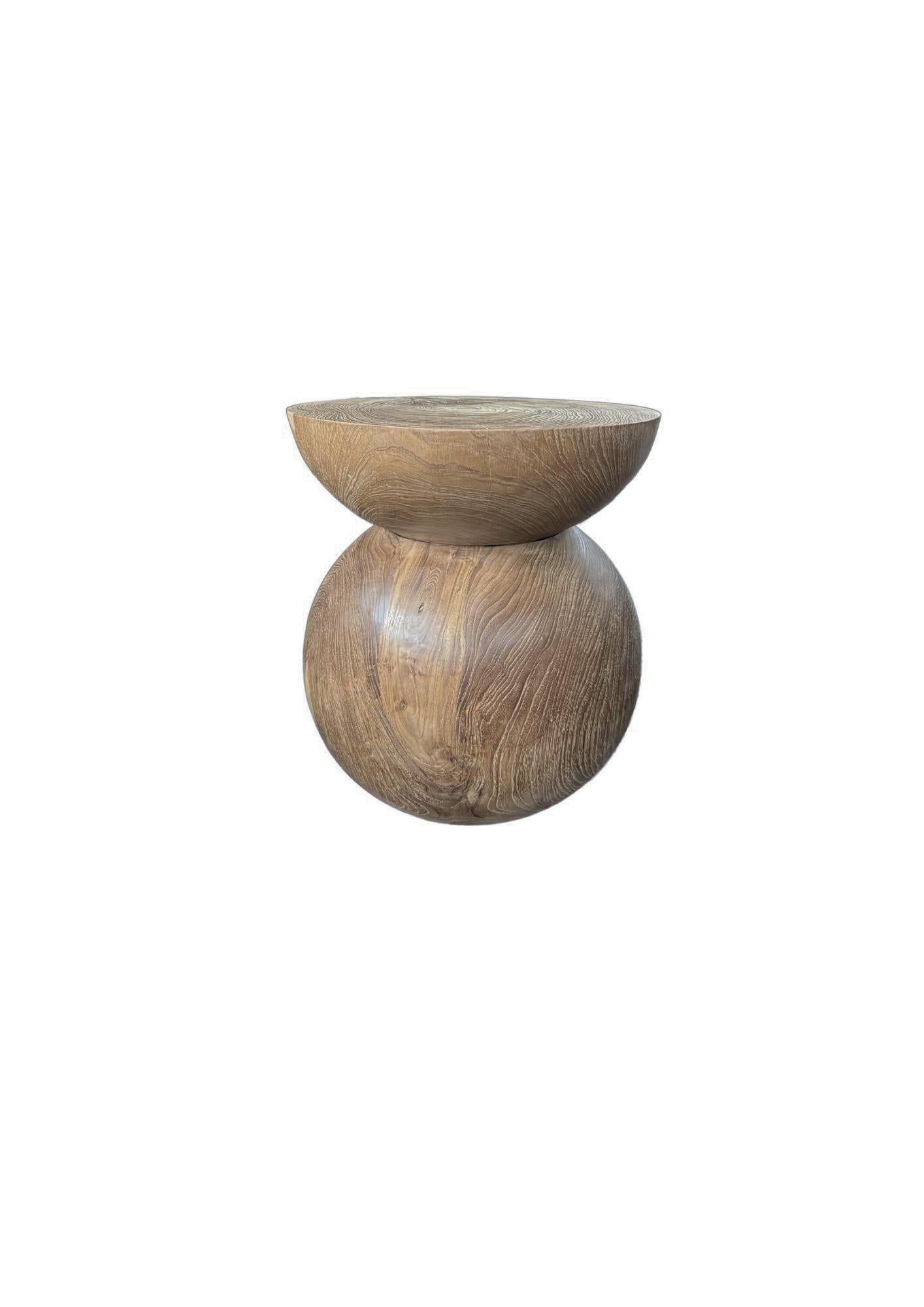 Hand-Crafted Round Teak Wood Side Table, Natural Finish, Layered Design, Modern Organic For Sale