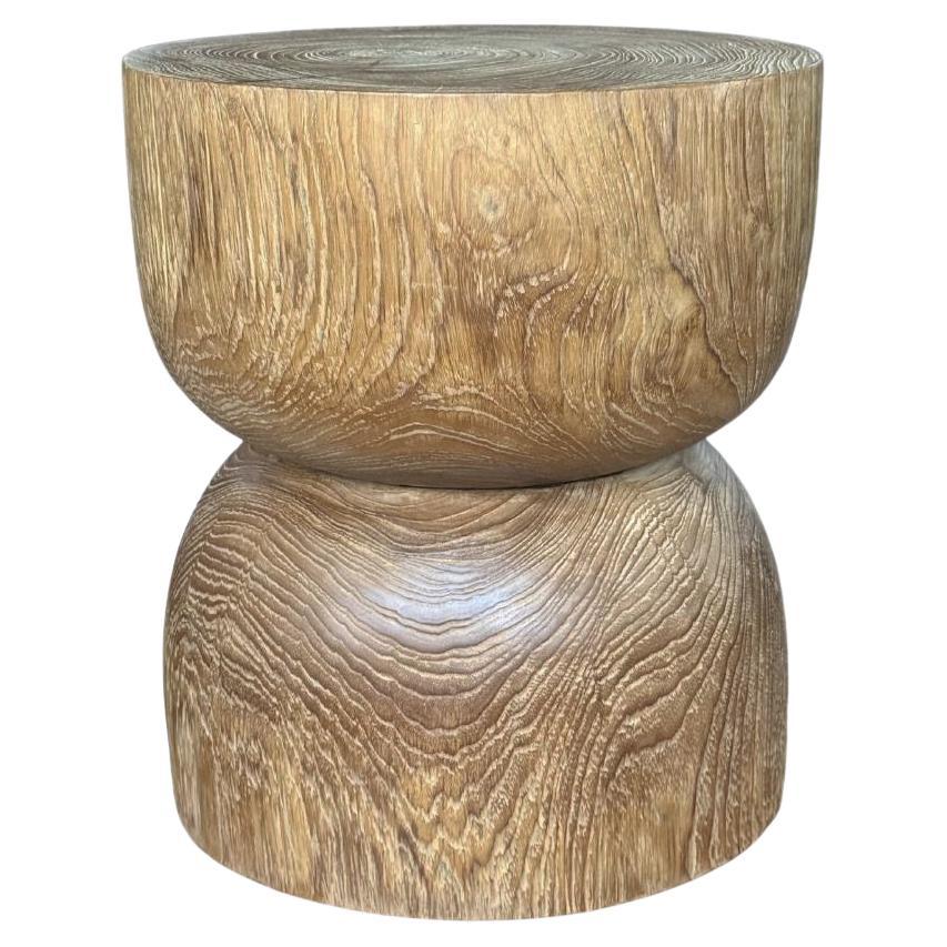 Round Teak Wood Side Table, Natural Finish, Layered Design, Modern Organic in vendita