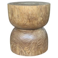 Round Teak Wood Side Table, Natural Finish, Layered Design, Modern Organic