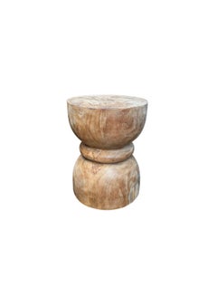 Round Teak Wood Side Table, Natural Finish, Modern Organic