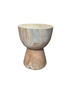 Round Teak Wood Side Table, Natural Finish, Modern Organic