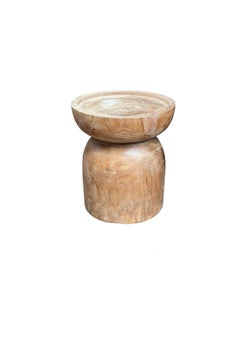 Round Teak Wood Side Table, Natural Finish, Modern Organic