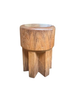 Round Teak Wood Side Table, Natural Finish, Modern Organic