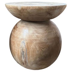 Round Teak Wood Side Table, Natural Finish, Modern Organic