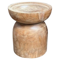 Round Teak Wood Side Table, Natural Finish, Modern Organic