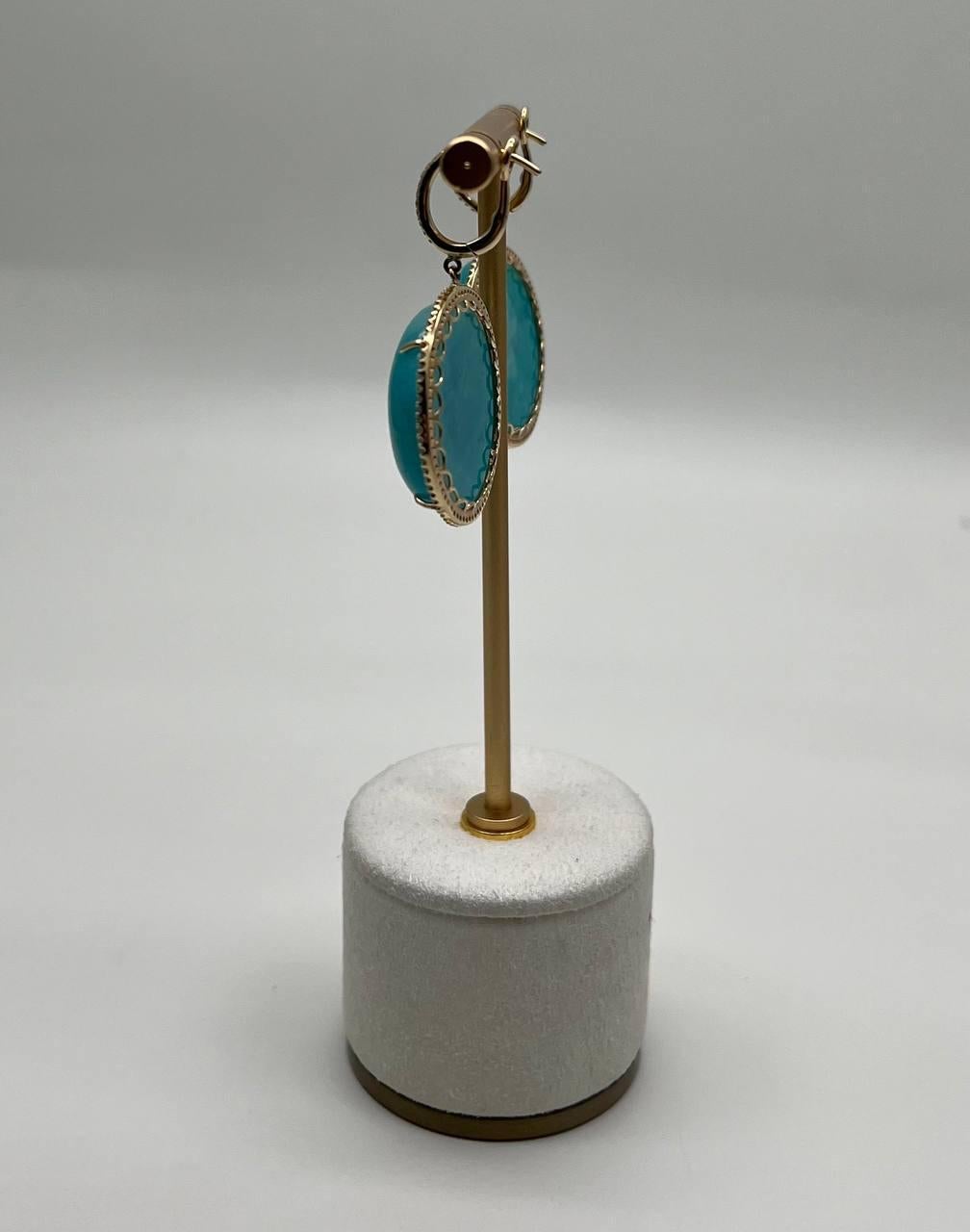 Round Teal Blue Turquoise Cabochon 14K Gold Diamond Halo Statement Drop Earrings In New Condition For Sale In Oakton, VA