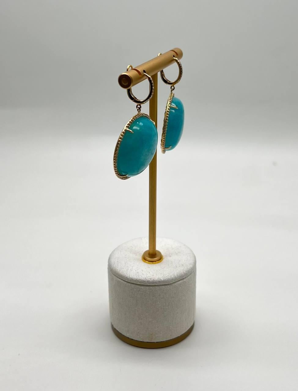 Women's Round Teal Blue Turquoise Cabochon 14K Gold Diamond Halo Statement Drop Earrings For Sale