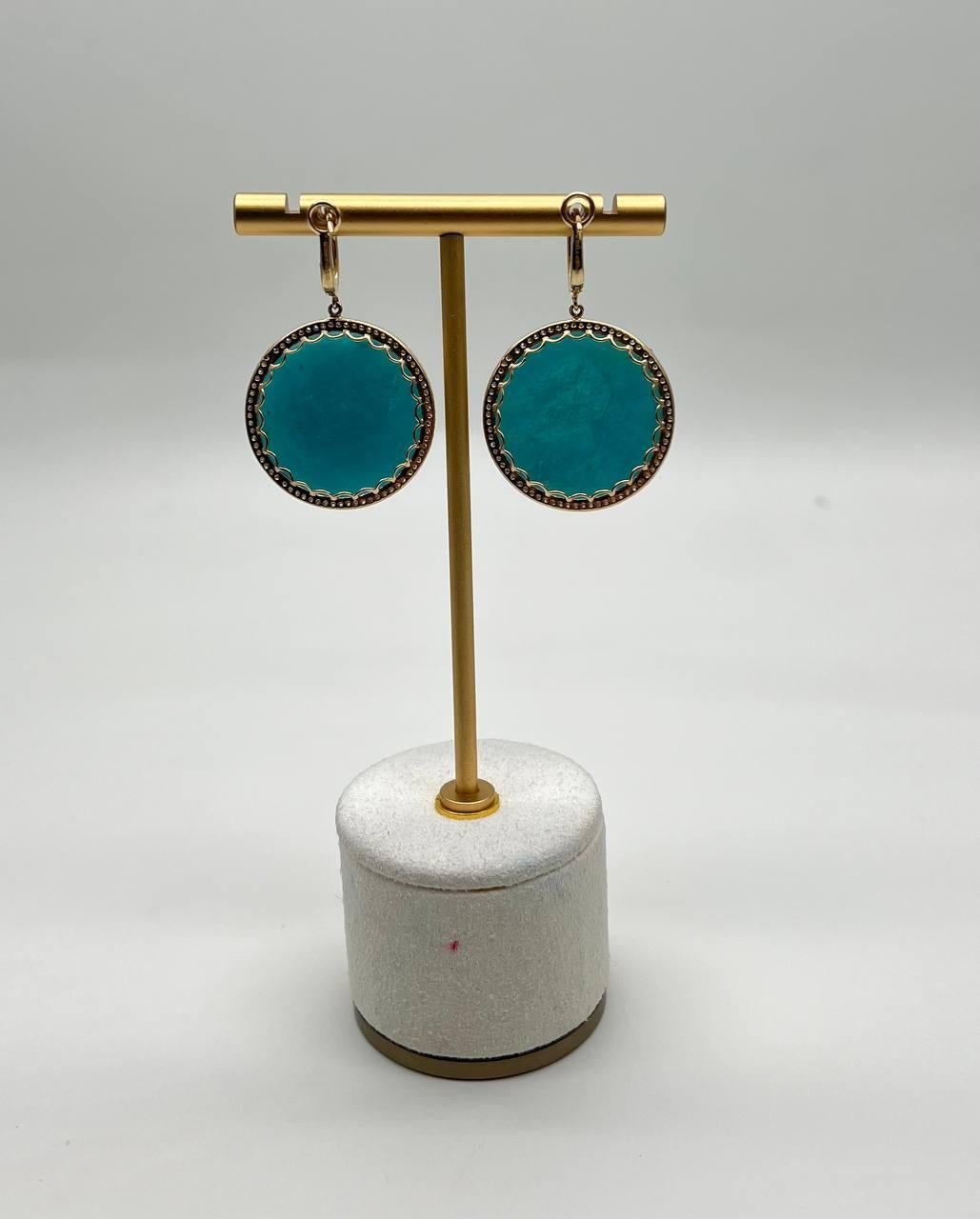 Round Teal Blue Turquoise Cabochon 14K Gold Diamond Halo Statement Drop Earrings For Sale 1