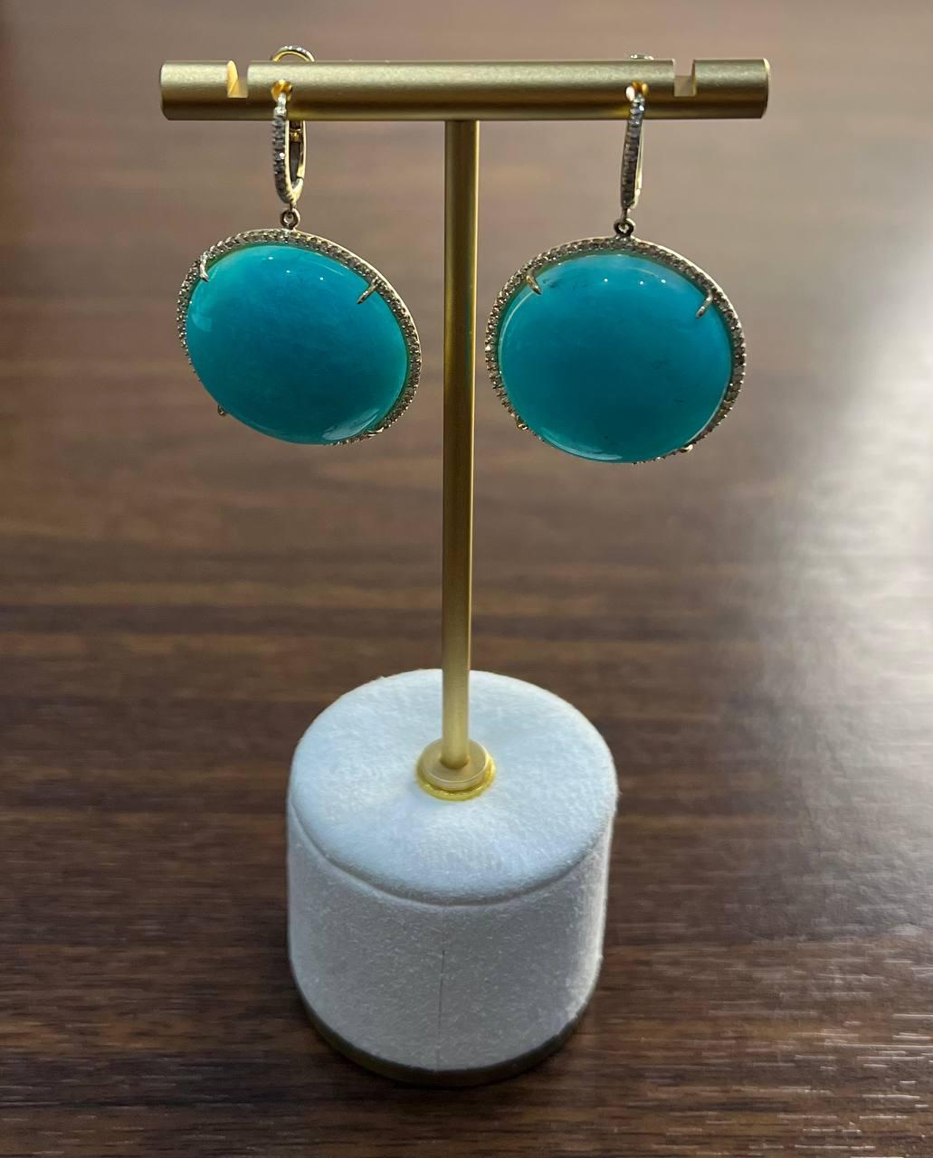 Round Teal Blue Turquoise Cabochon 14K Gold Diamond Halo Statement Drop Earrings For Sale 2