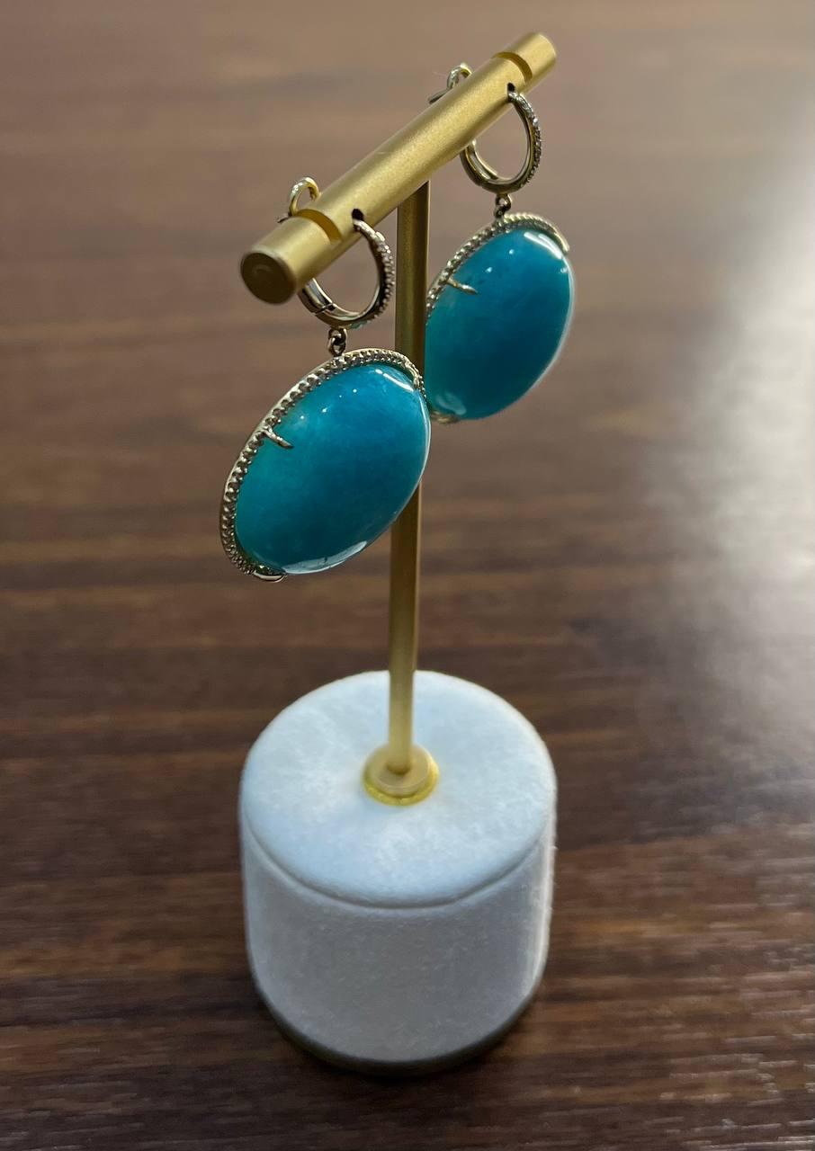 Round Teal Blue Turquoise Cabochon 14K Gold Diamond Halo Statement Drop Earrings For Sale 3