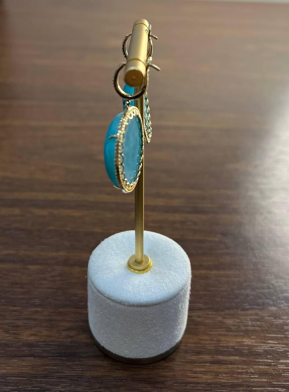 Round Teal Blue Turquoise Cabochon 14K Gold Diamond Halo Statement Drop Earrings For Sale 4