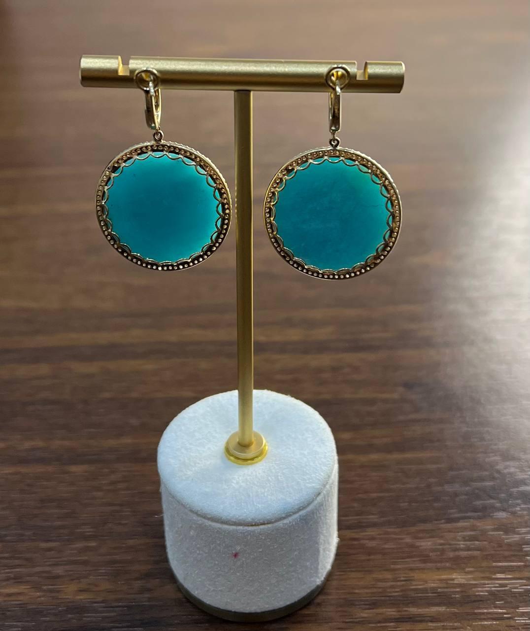 Round Teal Blue Turquoise Cabochon 14K Gold Diamond Halo Statement Drop Earrings For Sale 5