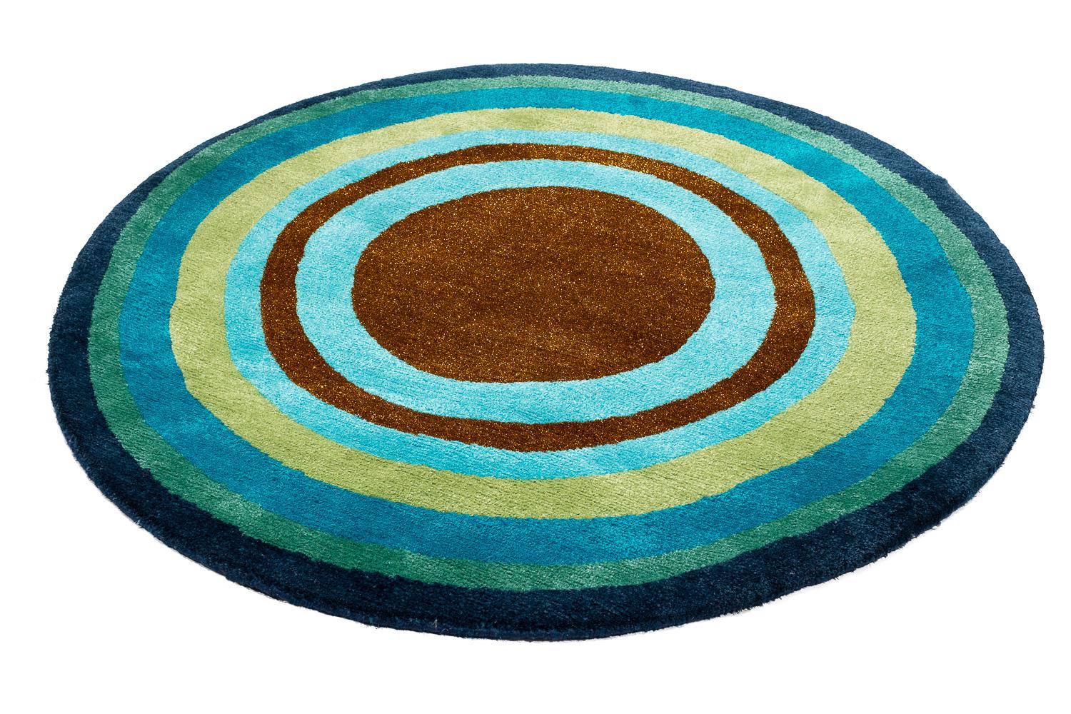 Modern Round Teal, Green, Brown, Gold Silk Wool Accessory Rug Bullseye by Joseph Carini For Sale