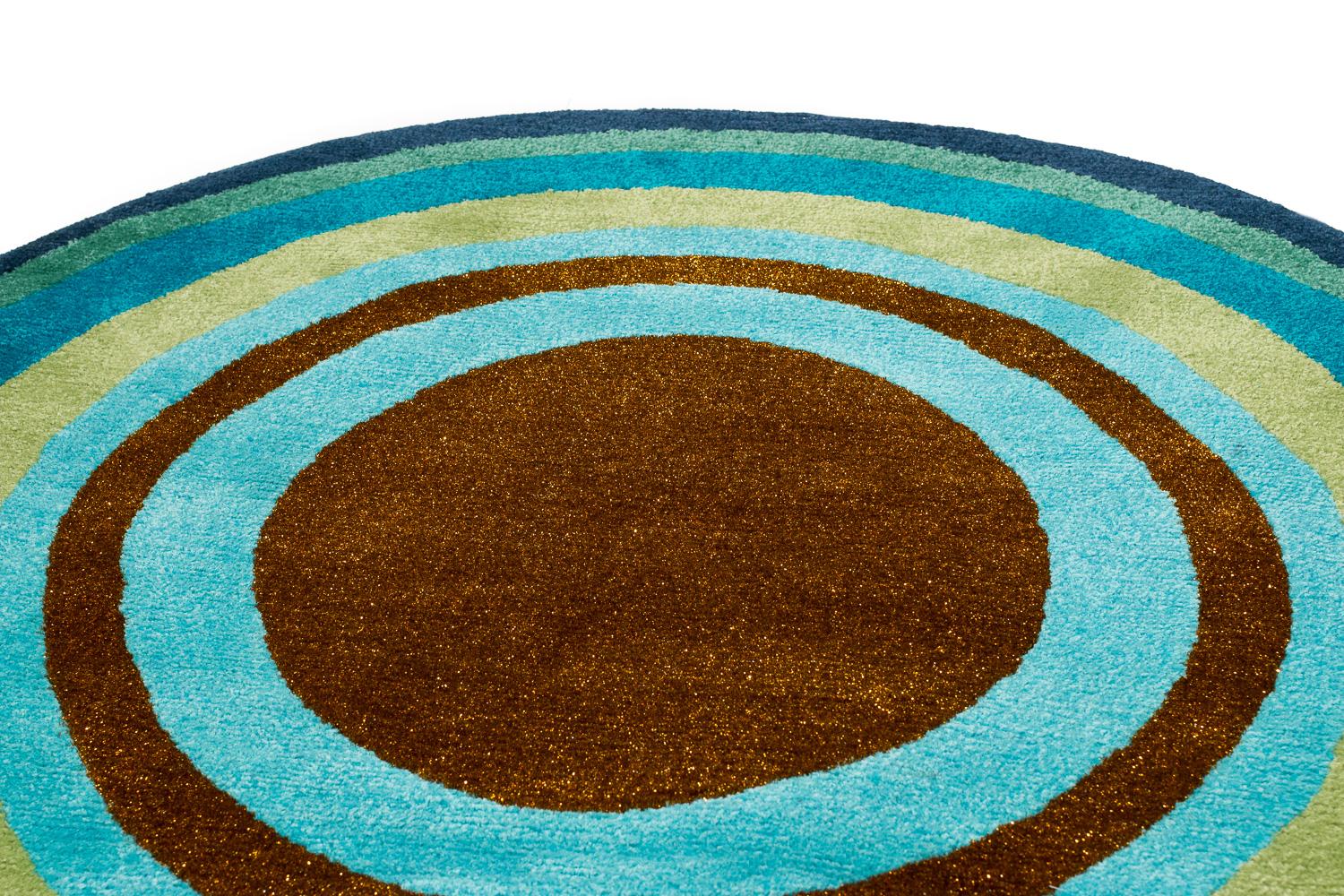 Nepalese Round Teal, Green, Brown, Gold Silk Wool Accessory Rug Bullseye by Joseph Carini For Sale