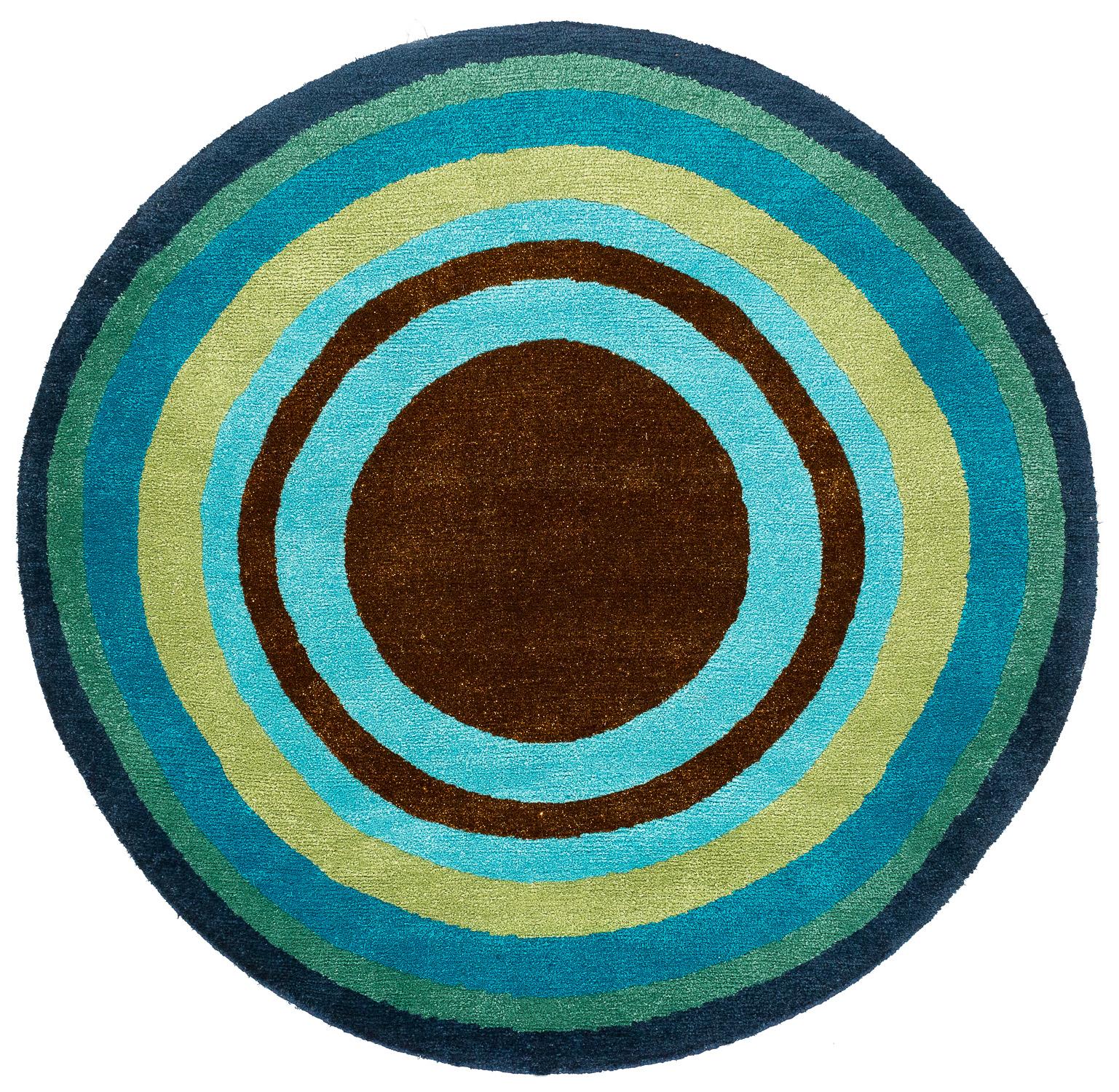 Round Teal, Green, Brown, Gold Silk Wool Accessory Rug Bullseye by Joseph Carini