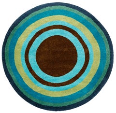 Round Teal, Green, Brown, Gold Silk Wool Accessory Rug Bullseye by Joseph Carini