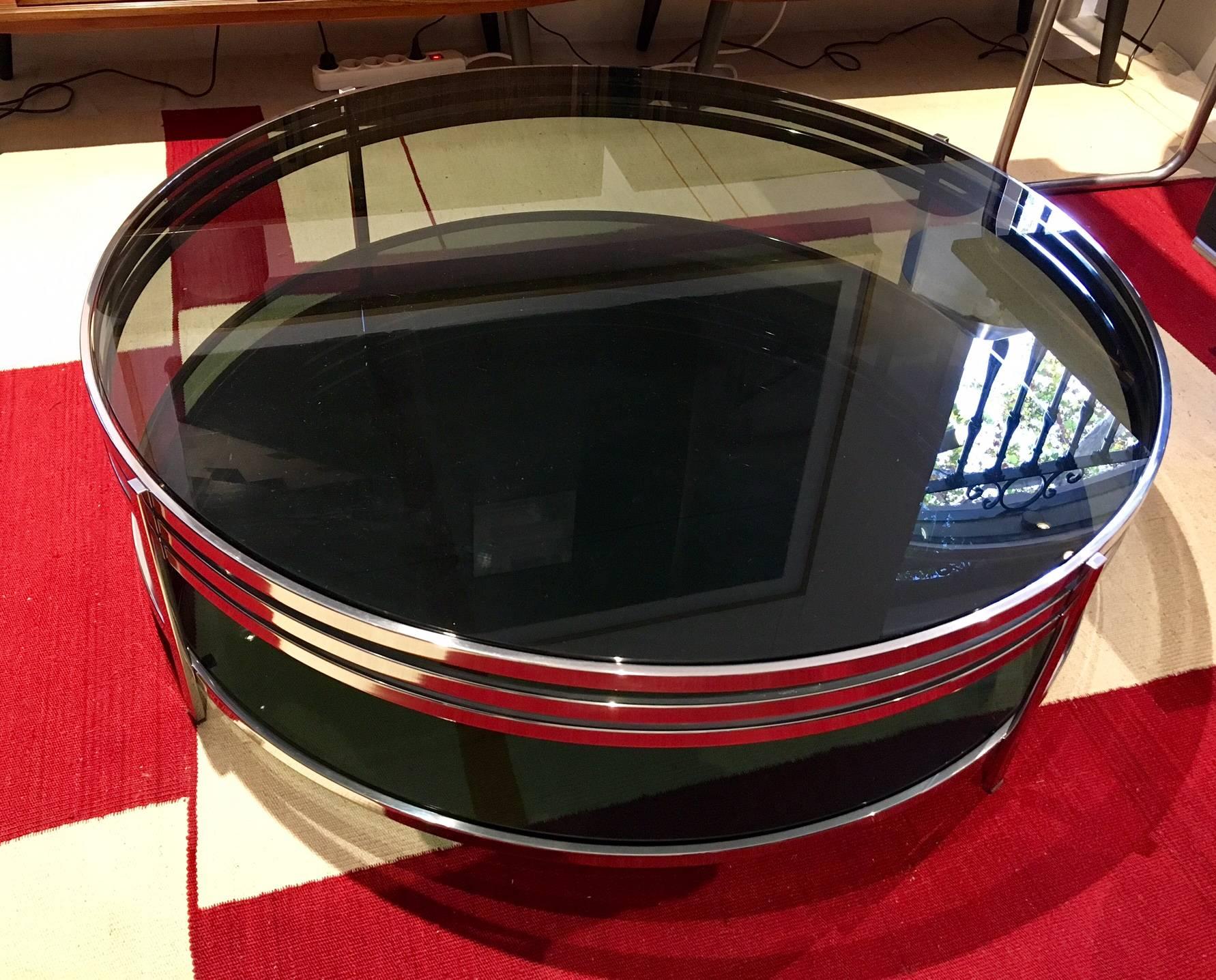 Modern Round Tempered Glass Coffee Table with Polished Steel Frame