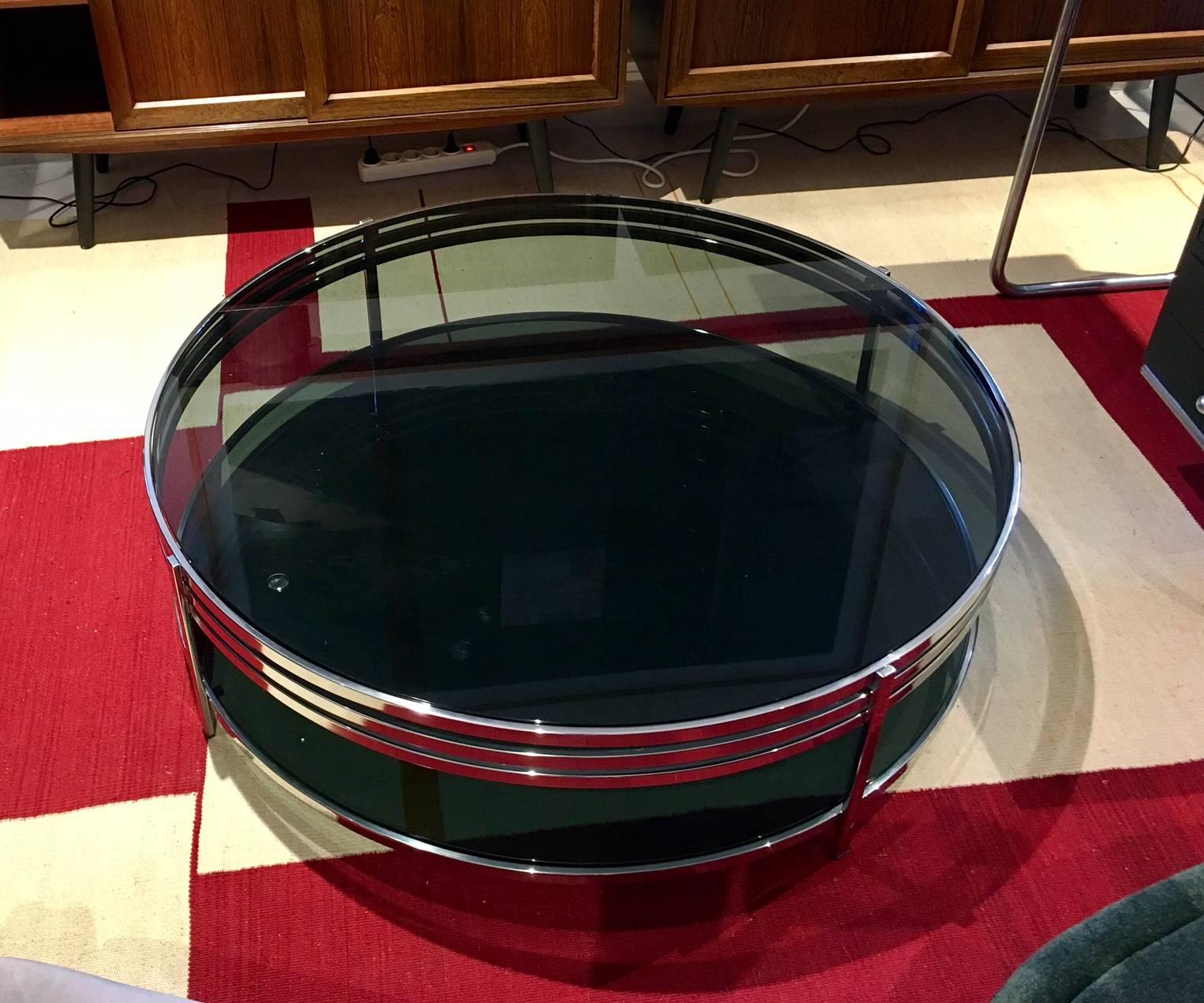 Round Tempered Glass Coffee Table with Polished Steel Frame 1