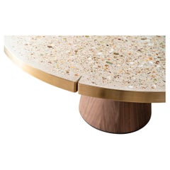 Round Terrazzo Table with Onyx Stones, Brass Ring and nut wood stand size 120