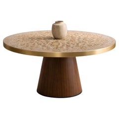 Round Terrazzo Table with Onyx Stones, Brass Ring and nut wood stand size 140