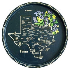 Vintage Round Texas Bluebonnet Tin Serving Tray in Black and Cream Mid Century