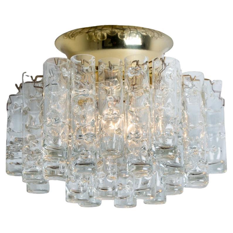 Round Textured Clear Glass Gold Flush Mount, 1960s, Doria Leuchten For Sale