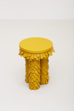round textured organic yellow leather and wood side table