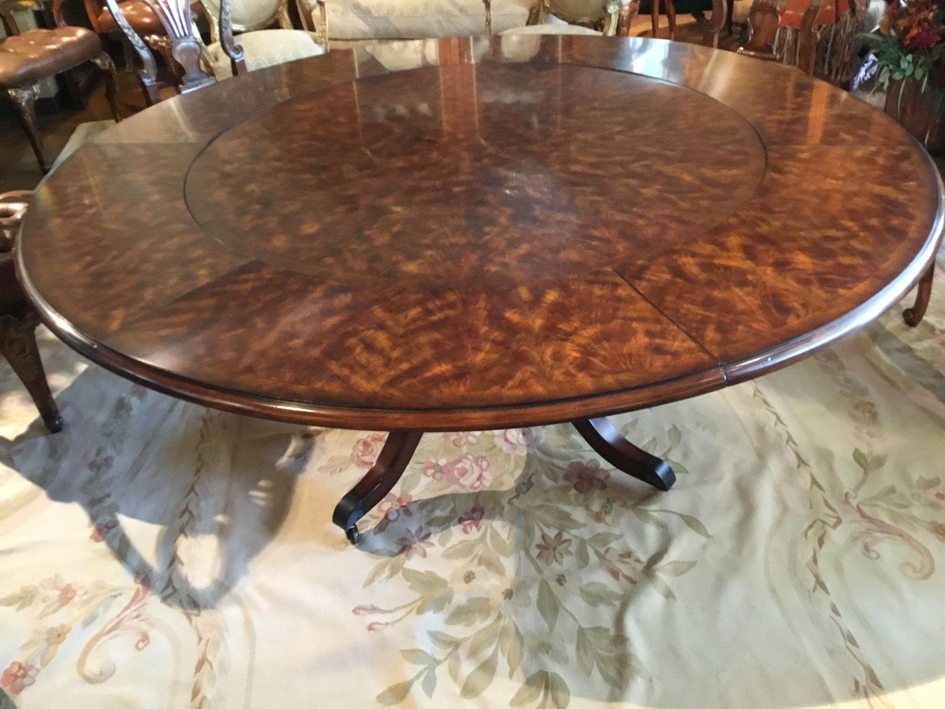 Round Theodore Alexander Dining Table in Mahogany Flame Veneers Regency Styled In Good Condition In Houston, TX