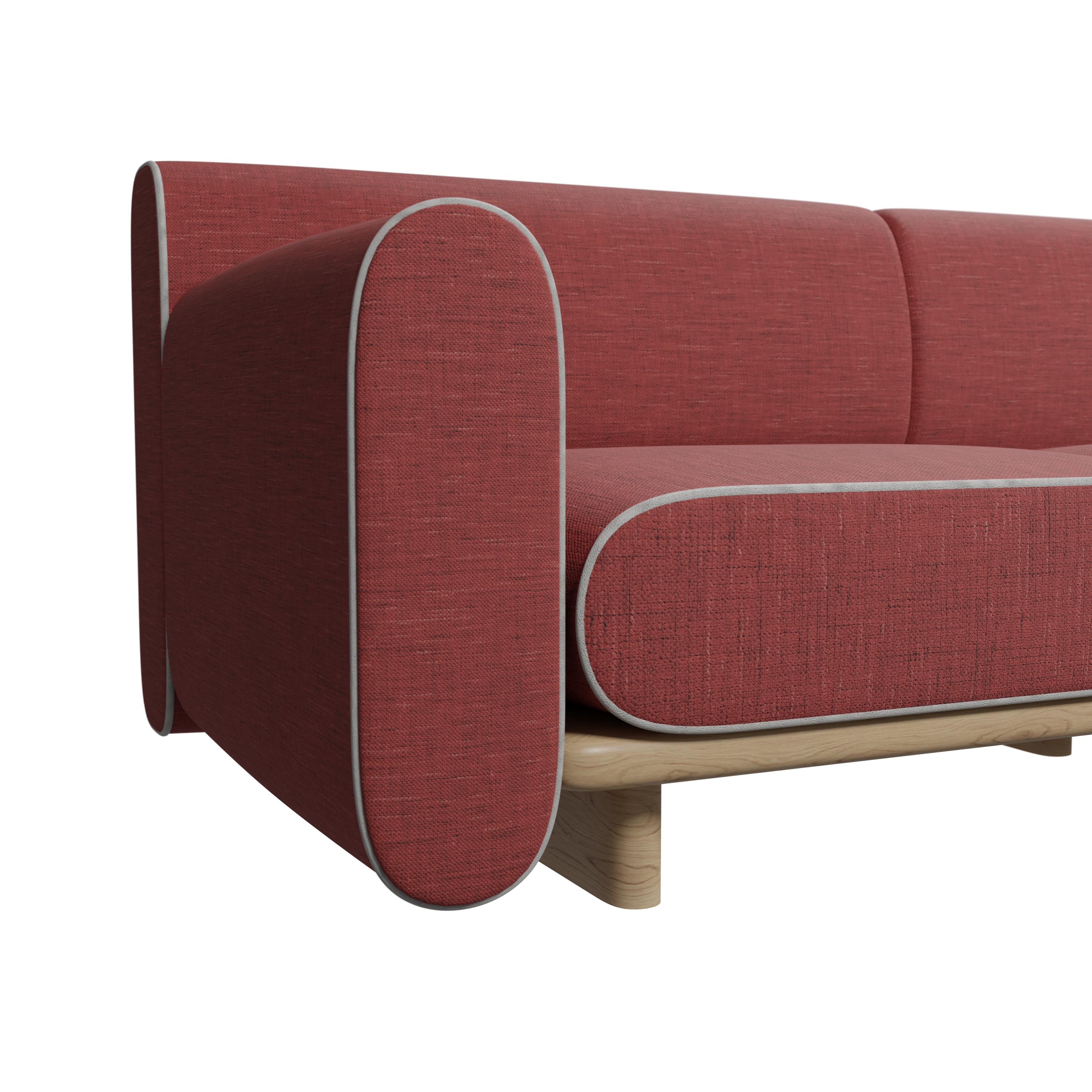 Portuguese Round three-seater sofa Tilda with Cherry plain fabric handcrafted by Murmurio For Sale