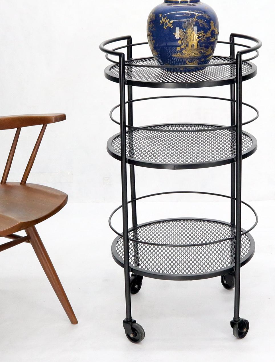 Mid-Century Modern Round Three Tier Perforated and Wrought Iron Metal Serving Cart Tray For Sale